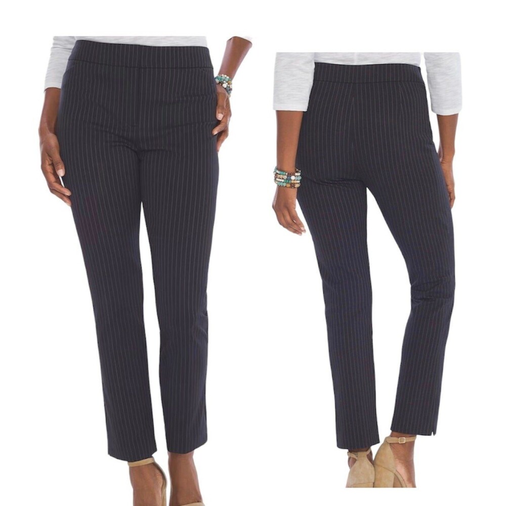 CHICO'S Women’s Classic Black: Striped Slim Straight Leg Stretch Pants Sz 10